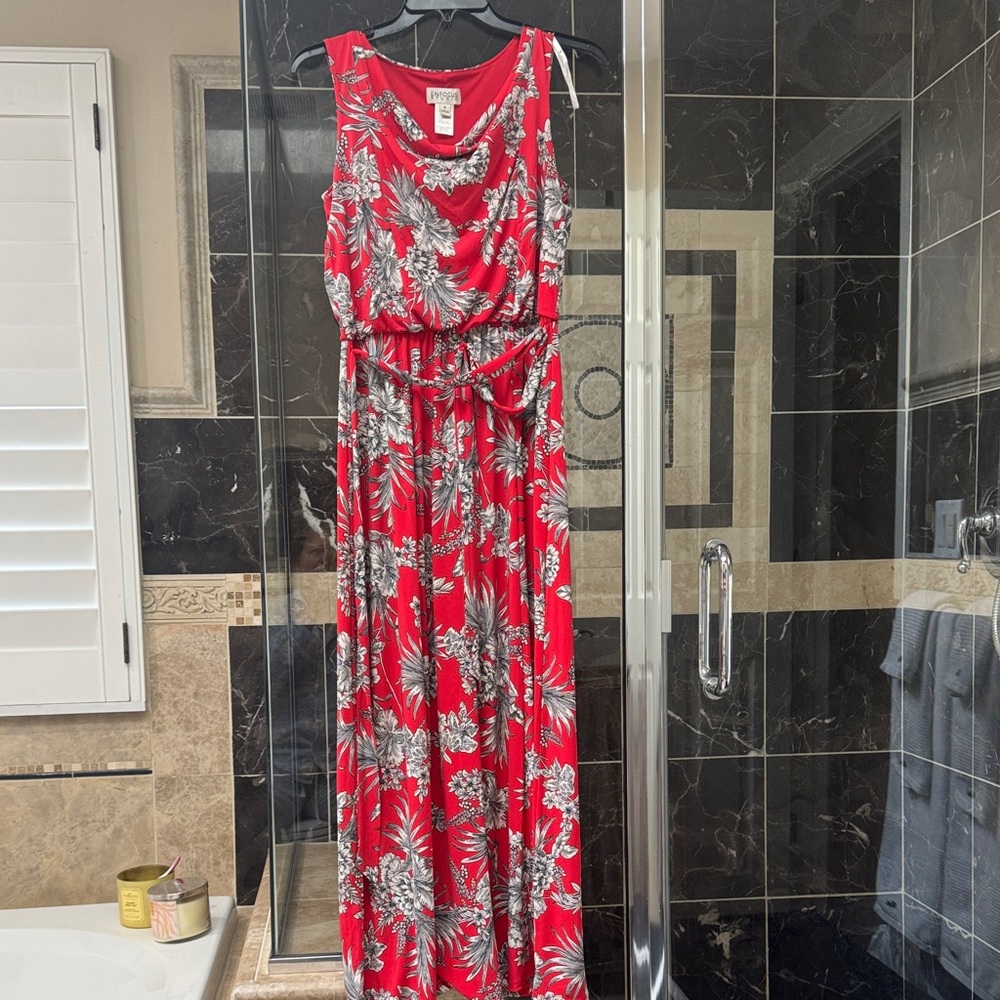 Sleeveless Red Floral Maxi Dress with Self-Tie Waist